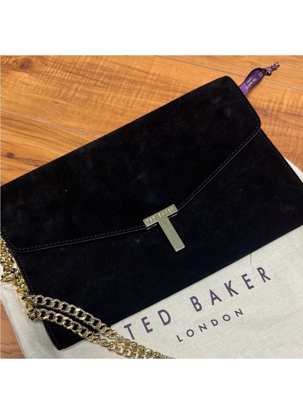 Ted Baker Black Suede Clutch with Gold Chain